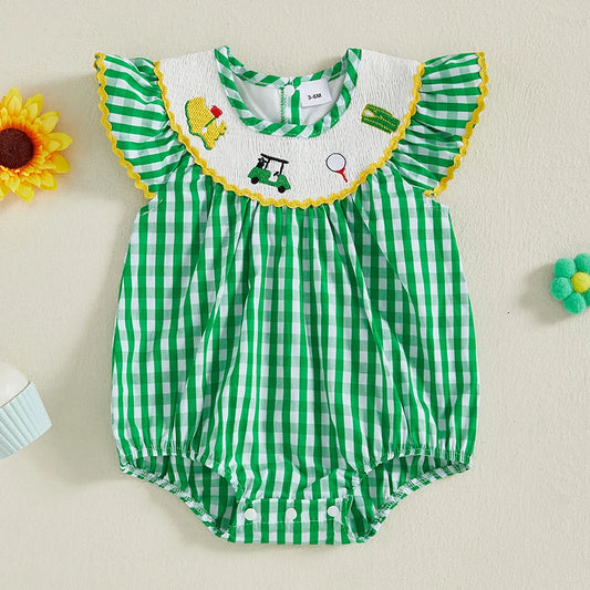 Lioraitiin Baby Girl Summer Plaid Romper Flying Sleeve Round Neck Golf Embroidery Sweet Jumpsuit