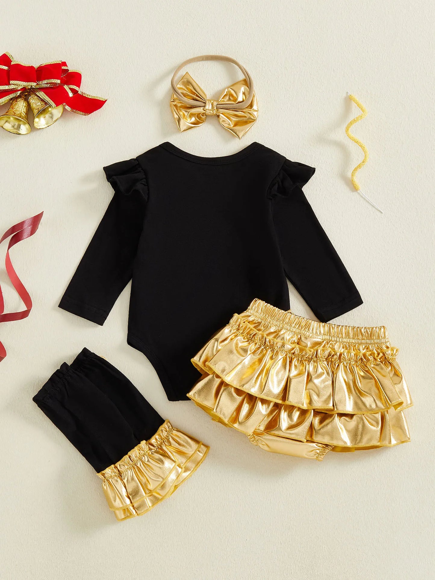 Baby Girl New Year Outfits Letter Long Sleeve Romper Metallic Luster Tiered Shorts Bow Headband Leg Warmer