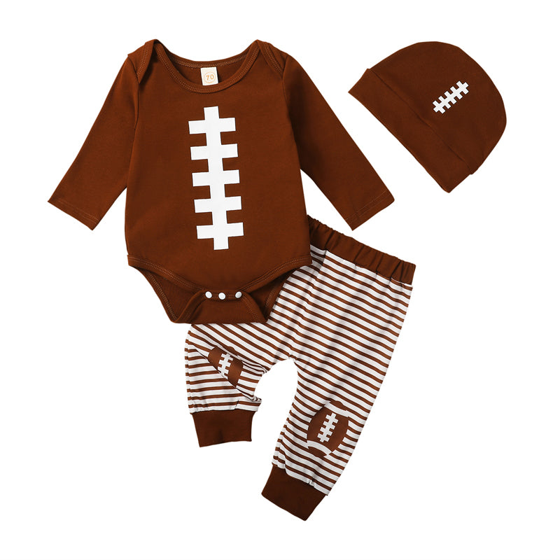 Baby Boy Girl Football Outfit Long Sleeve Sweatshirt Romper Rugby Stripe Elastic Pants 3PCS Clothes