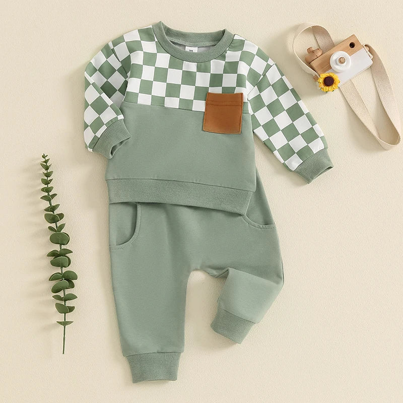 Toddler Boy Fall Clothes Checkerboard Print Long Sleeve Pocket Sweatshirt with Solid Color Pants 2Pcs Outfits