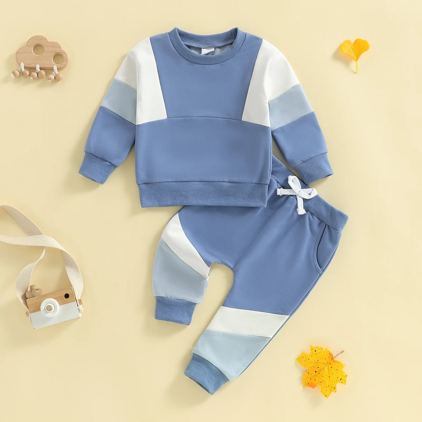 2Pcs Toddler Boy Fall Outfits Long Sleeve Crew Neck Patchwork Pullover Sweatshirt and Joggers Pants Set