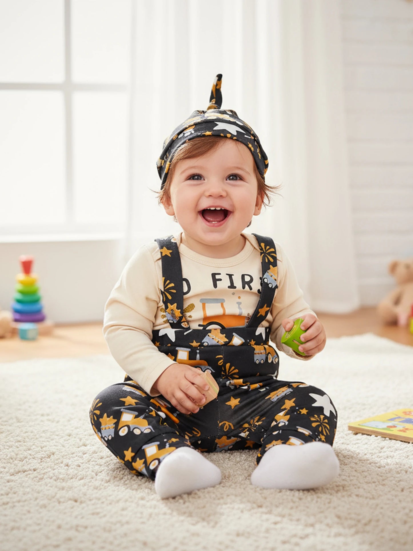Baby Boy Outfit Long Sleeve Letters Print Romper with Firework Overall Pants and Hat New Year Infant Outfit