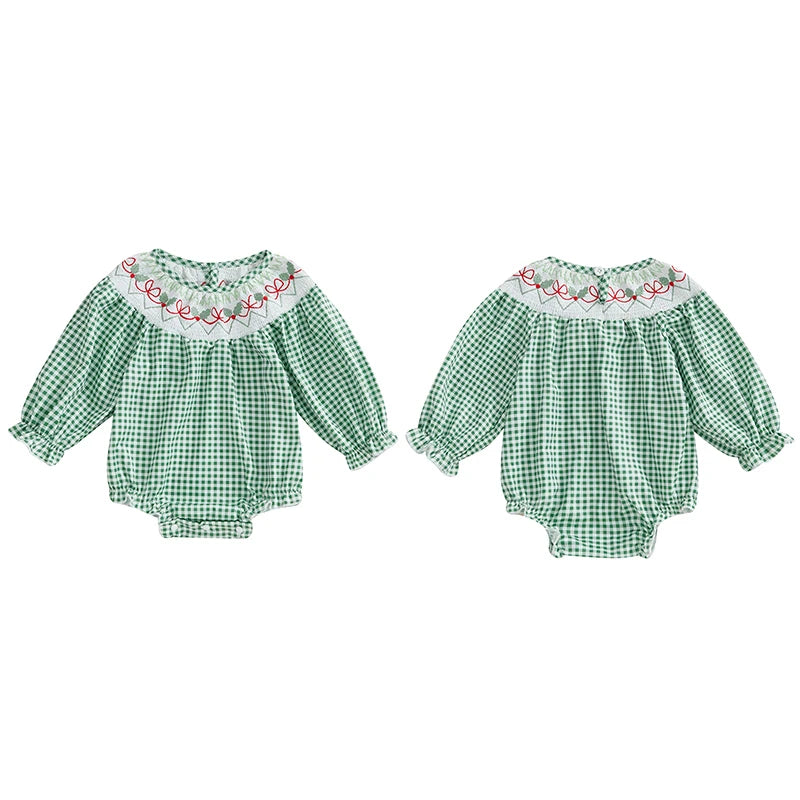 Baby Girls Christmas Romper Long Sleeve Crew Neck Plaid Bodysuit Clothes Casual Daily