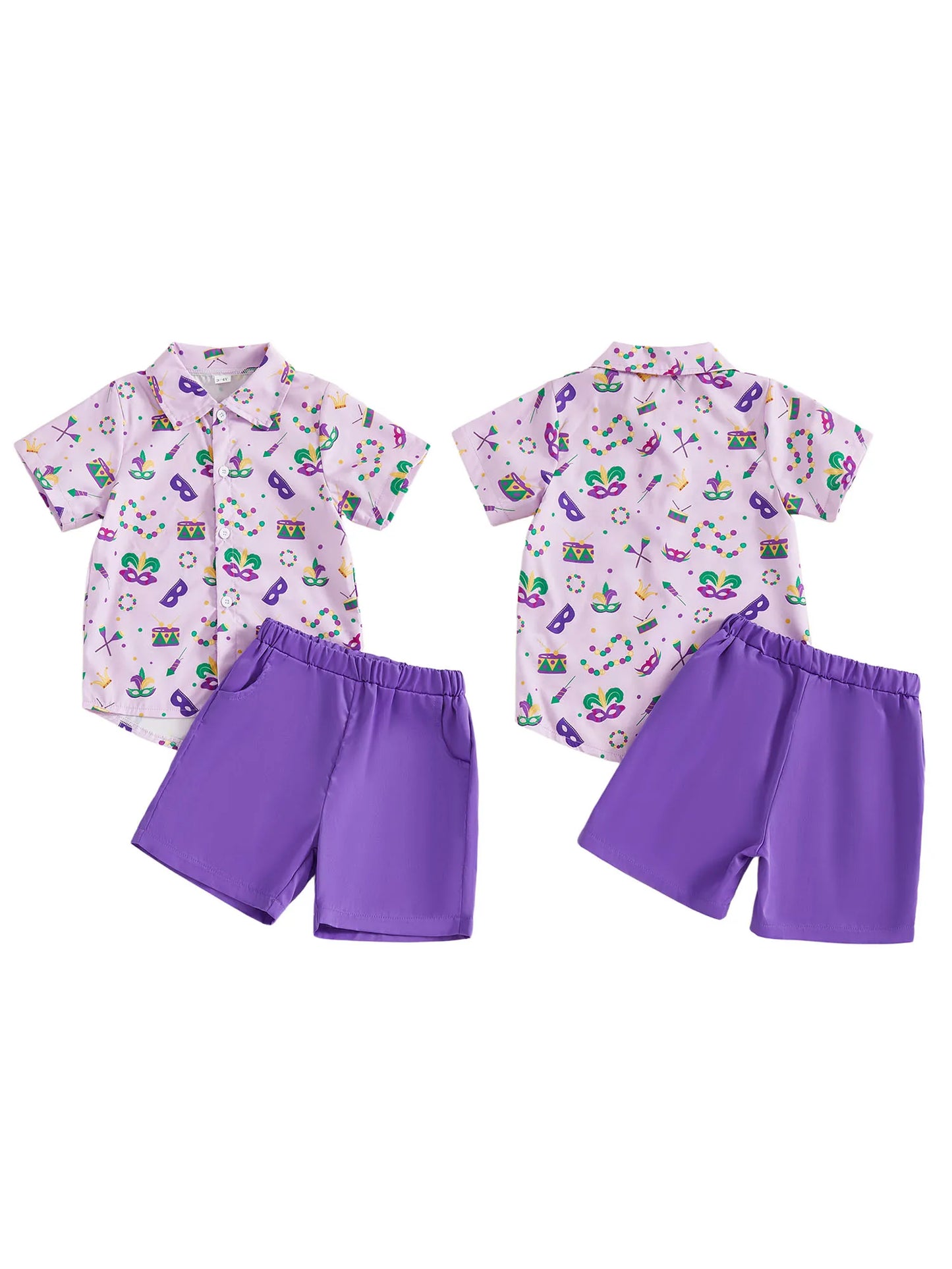 Toddler Little Boy Mardi Gras Outfit Printed Short Sleeve Button-up Shirt and Solid Elastic Waist Shorts 2 Piece Set