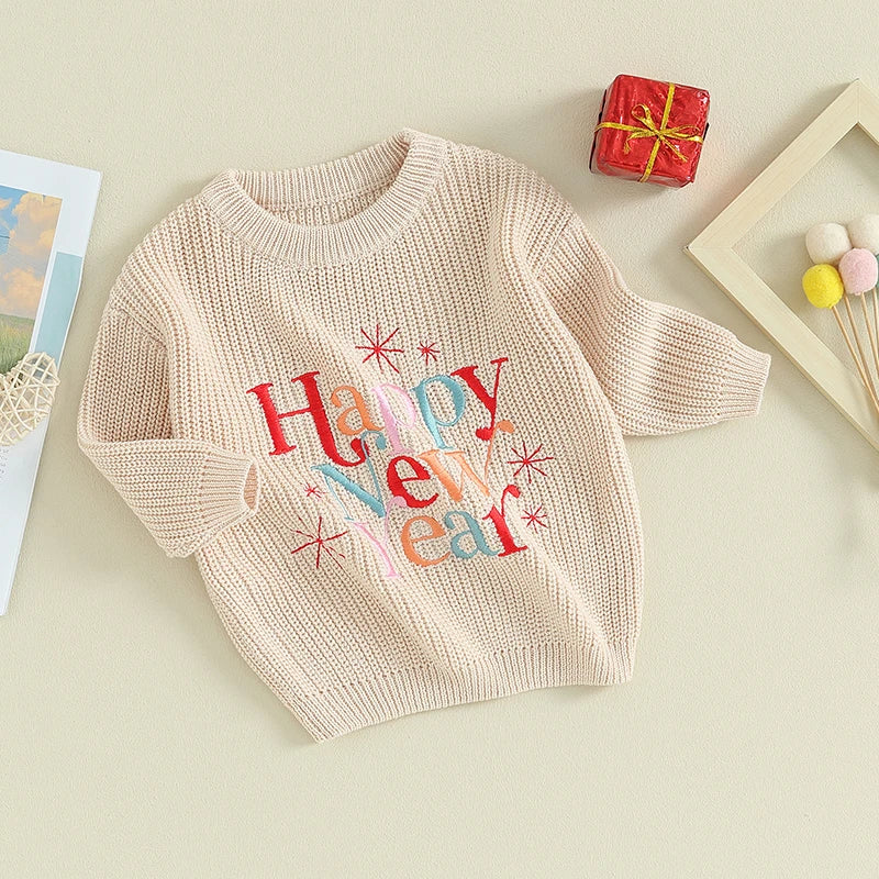 Baby Boy Girl New Year Outfit Long Sleeve Crewneck Letter Embroidery Sweater Tops Infant Winter Clothes