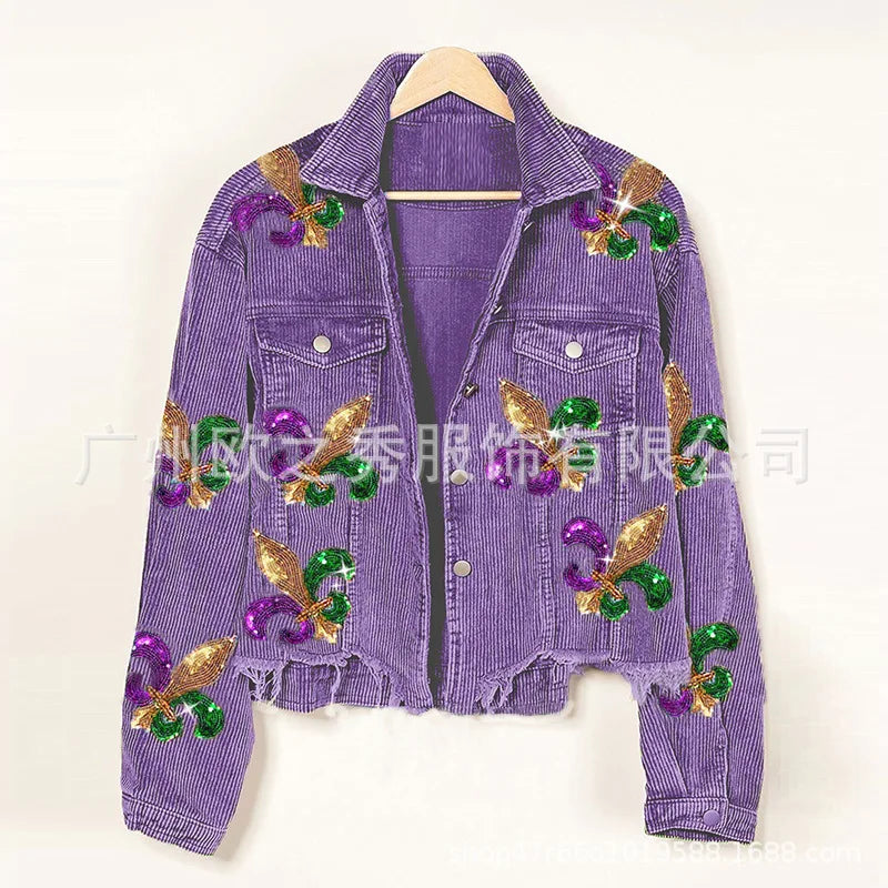 Corduroy Women Mardi Gras Jacket Iris Glitter Cardigan Purple Lapels Single Breasted Spliced Women's Coat Jackets