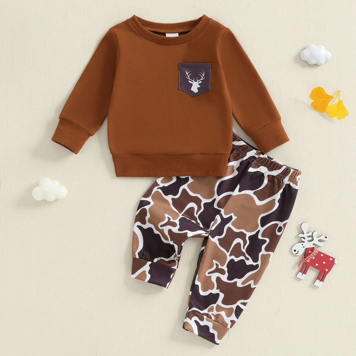 Baby Boy Fall Outfit Long Sleeve Sweatshirt and Elastic Camouflage Print Pants 2 Piece Clothes for Toddler