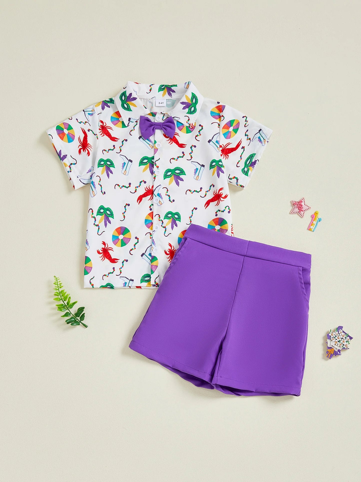 Toddler Boy Mardi Gras Outfit Facewear Print Short Sleeve Bowtie Shirt Solid Elastic Waist Shorts 2 Piece Gentleman Set