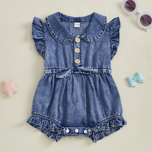 Baby Girl Denim Romper Fly Sleeve Button Closure Infant Bodysuit Summer Clothes Casual Daily