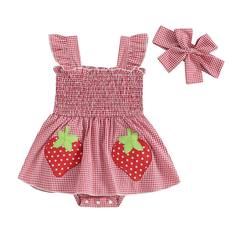 Baby Girl Plaid Romper Dress Strawberry Smocked Fly Sleeve Bodysuit with Headband 2Pcs Summer Outfit