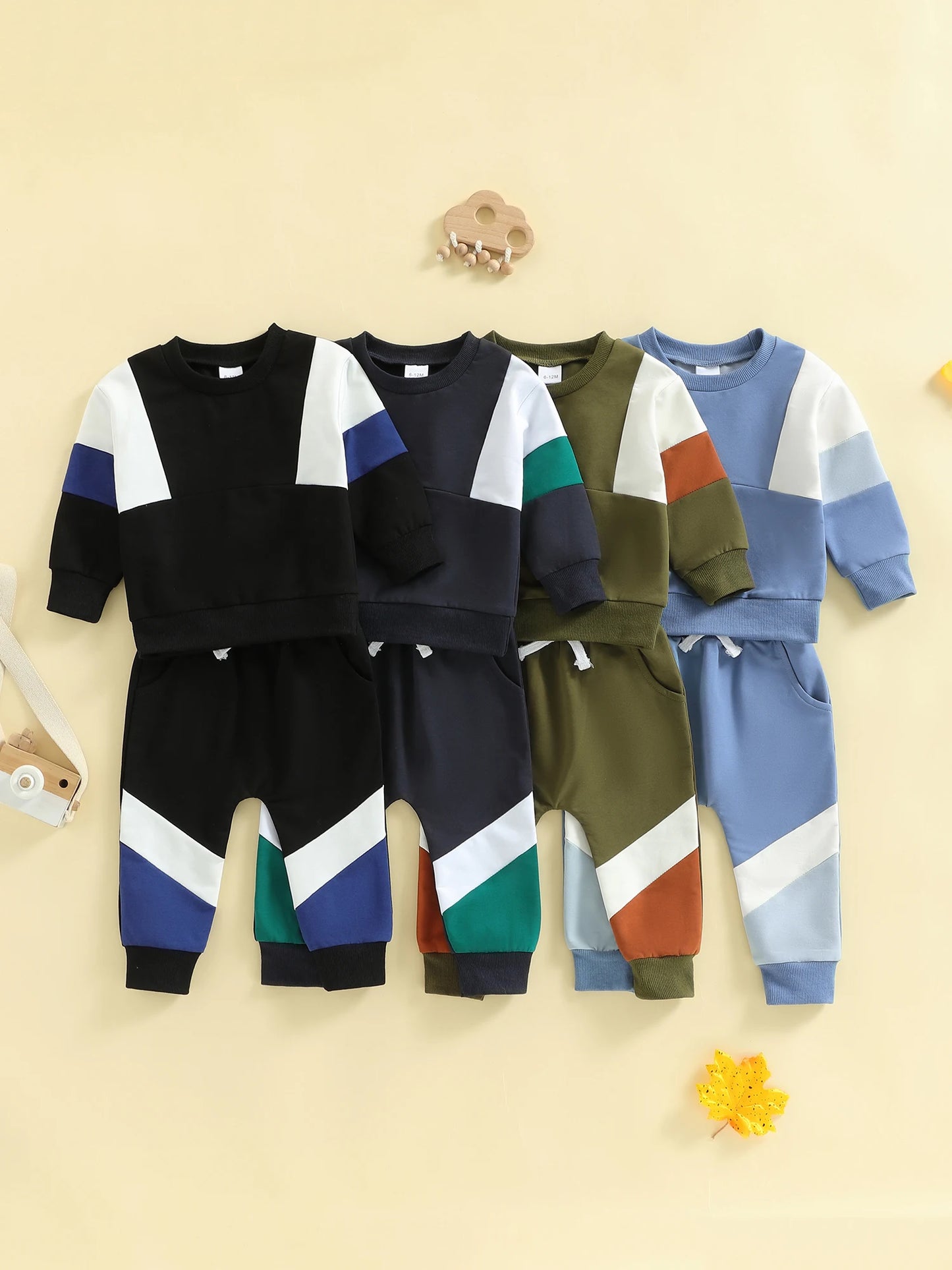 2Pcs Toddler Boy Fall Outfits Long Sleeve Crew Neck Patchwork Pullover Sweatshirt and Joggers Pants Set