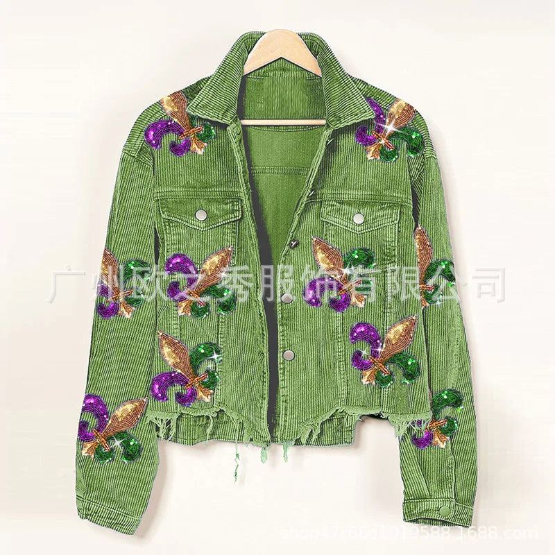Corduroy Women Mardi Gras Jacket Iris Glitter Cardigan Purple Lapels Single Breasted Spliced Women's Coat Jackets