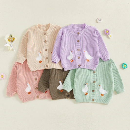 Toddler Girl Knit Sweater Long Sleeve Round Neck Goose Embroidery Button Down Cardigan Kid Tops