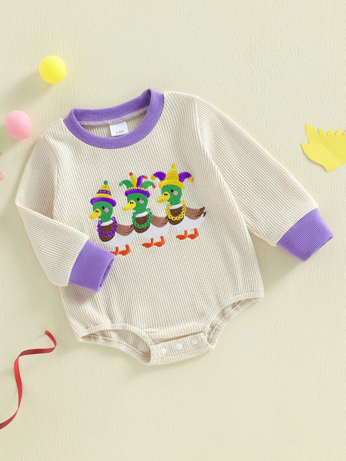 Embroidery Mardi Gras jumpsuit Infant Long Sleeve Crewneck Duck Embroidery Mardi Gras Romper