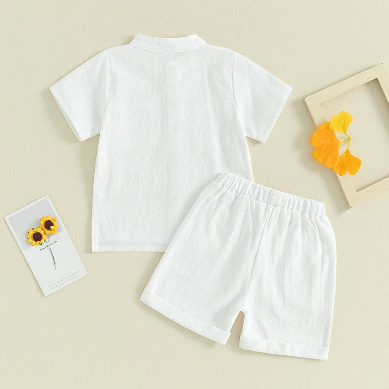 Kids Boys Summer Linen Outfits Solid Color Buttons Short Sleeve Tops and Elastic Waist Shorts 2Pcs Clothes Set