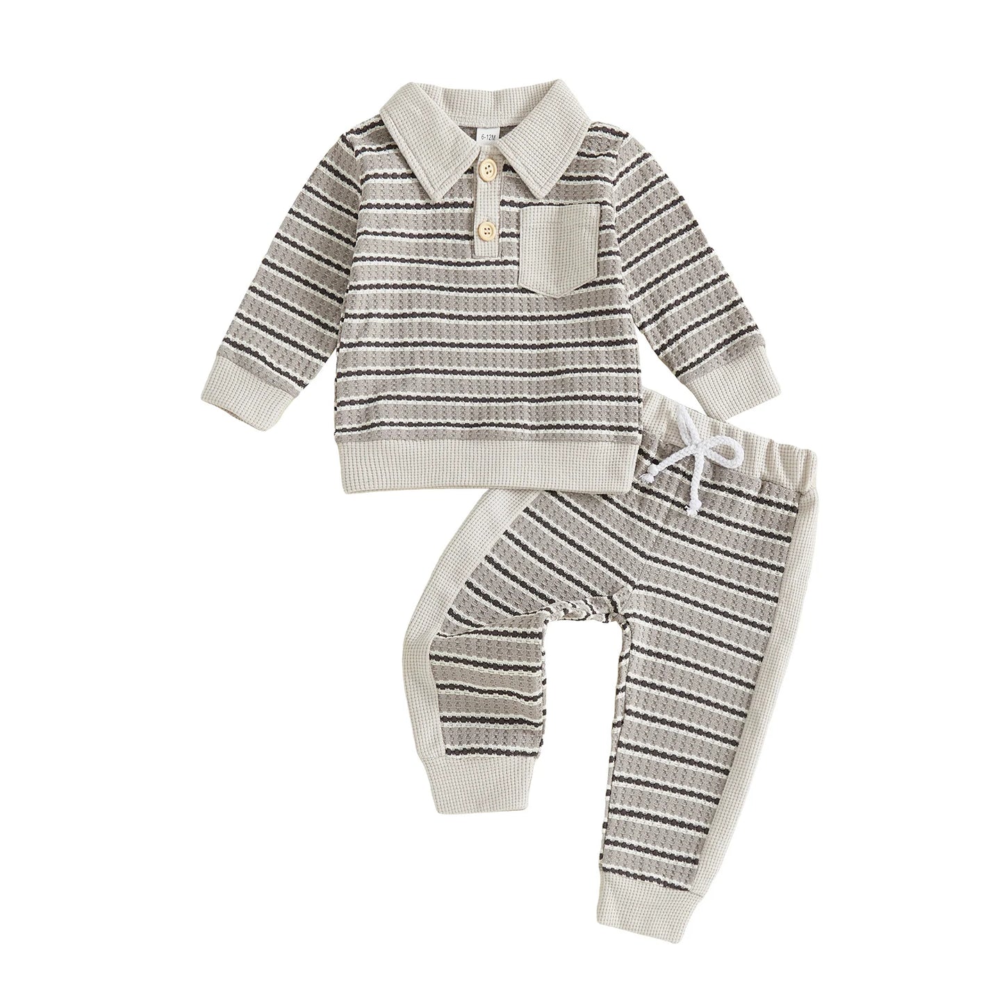 Toddler Boy Fall Outfits Stripe Long Sleeve Lapel Button Pullover + Elastic Waist Pants 2Pcs Set