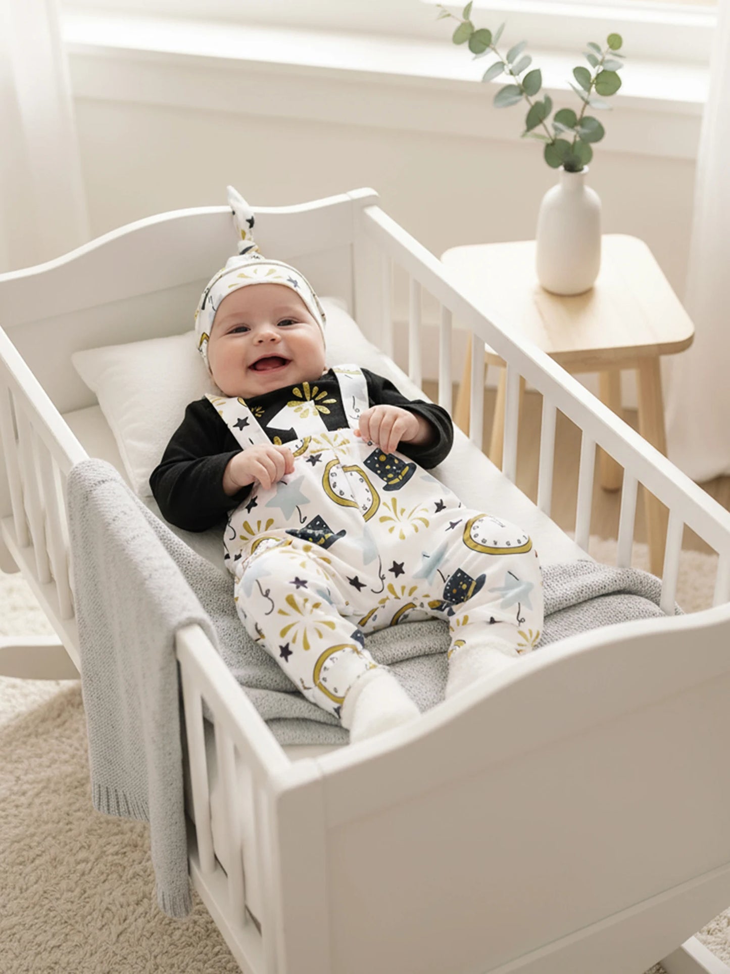 Baby Boy Outfit Long Sleeve Letters Print Romper with Firework Overall Pants and Hat New Year Infant Outfit