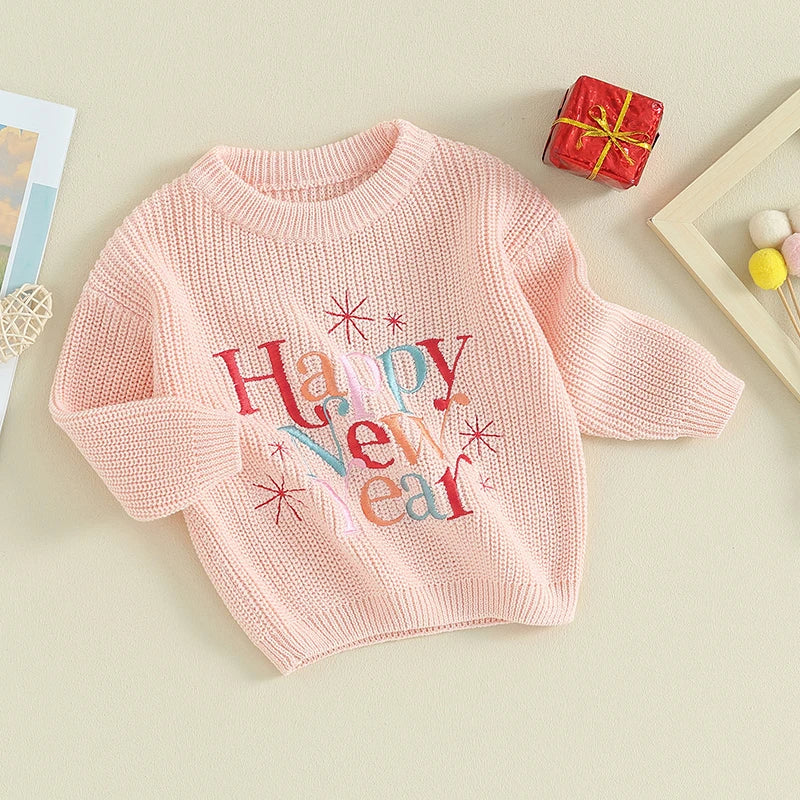 Baby Boy Girl New Year Outfit Long Sleeve Crewneck Letter Embroidery Sweater Tops Infant Winter Clothes