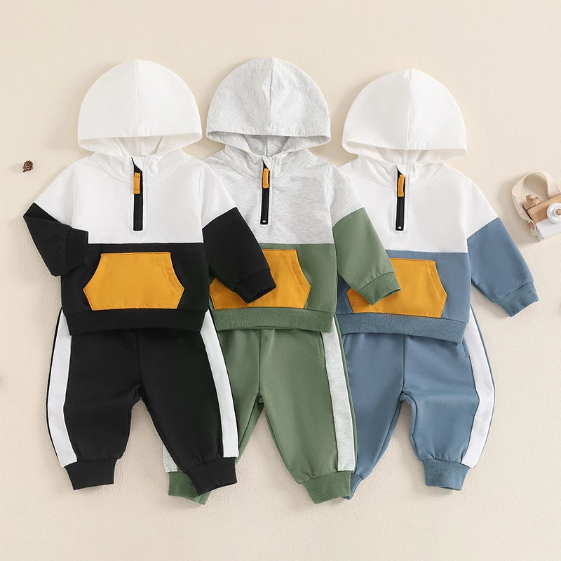 6m-3Y Baby Boy Fall Outfit Contrast Colors Long Sleeve Hoodie Sweatshirt and Elastic Pants 2 Piece Clothes for Toddler