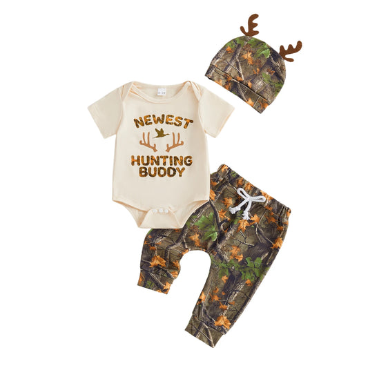 3Pcs BabyOutfits Short Sleeve Romper Camo Pants Hat Set Hunted Clothes