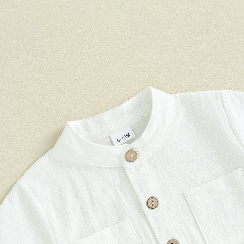 Kids Boys Summer Linen Outfits Solid Color Buttons Short Sleeve Tops and Elastic Waist Shorts 2Pcs Clothes Set