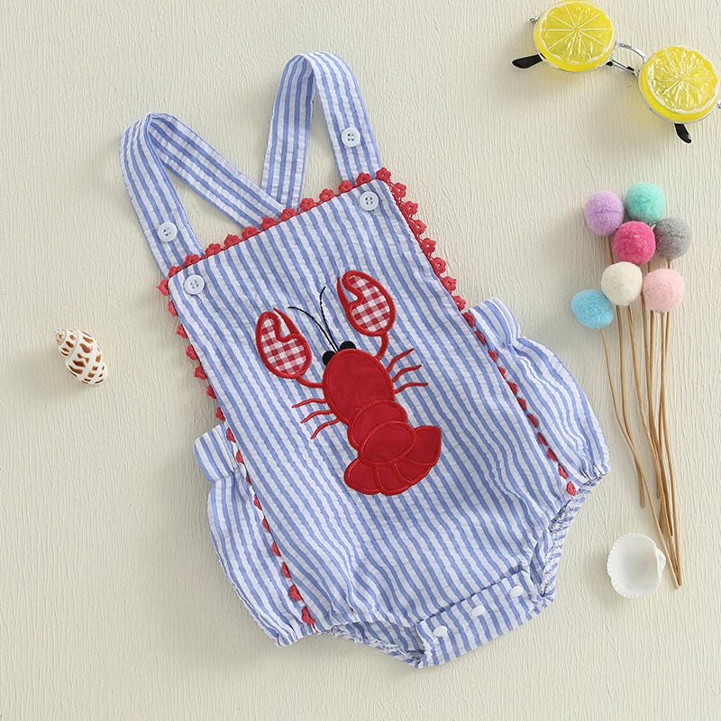 Toddler Baby Boys Summer Overalls Casual Lobster Embroidery Striped Print Sleeveless Jumpsuit Cute Clothes