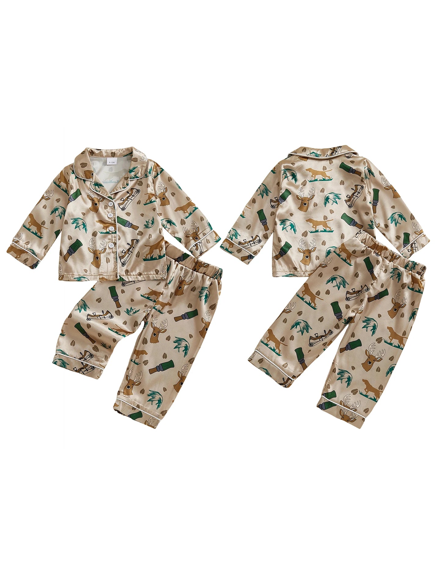2Pcs Hunting Pajamas Sets for Toddler Boy Long Sleeve Button Down Lapel V Neck Tops with Elastic Waist Pants Nightwear