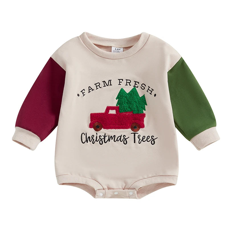 Baby Boys Christmas Jumpsuit Long Sleeve Crewneck Christmas Tree Truck Embroidery Sweatshirt Romper