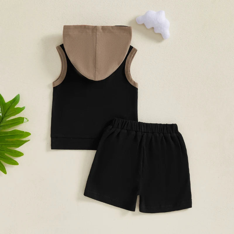 Toddler Baby Boy Shorts Set Contrast Color Sleeveless Hooded Tank Tops Elastic Waist Shorts Summer Outfit
