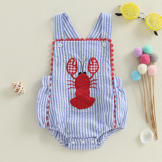 Toddler Baby Boys Summer Overalls Casual Lobster Embroidery Striped Print Sleeveless Jumpsuit Cute Clothes