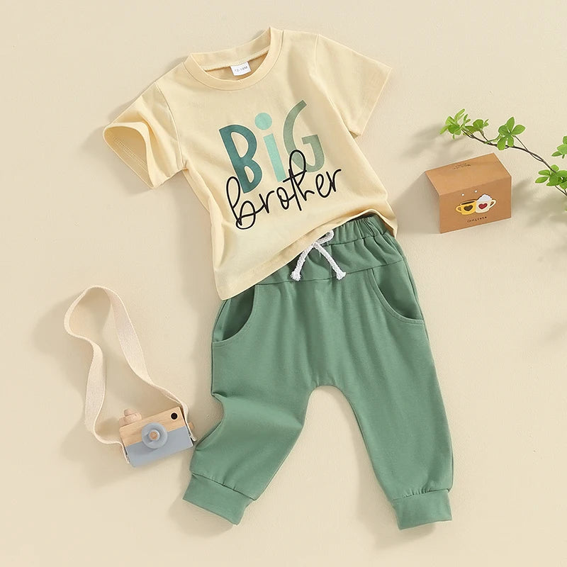 Summer Baby Boys Brother Outfit Letter Print Short Sleeve T-Shirt and Elastic Pants Clothes Set