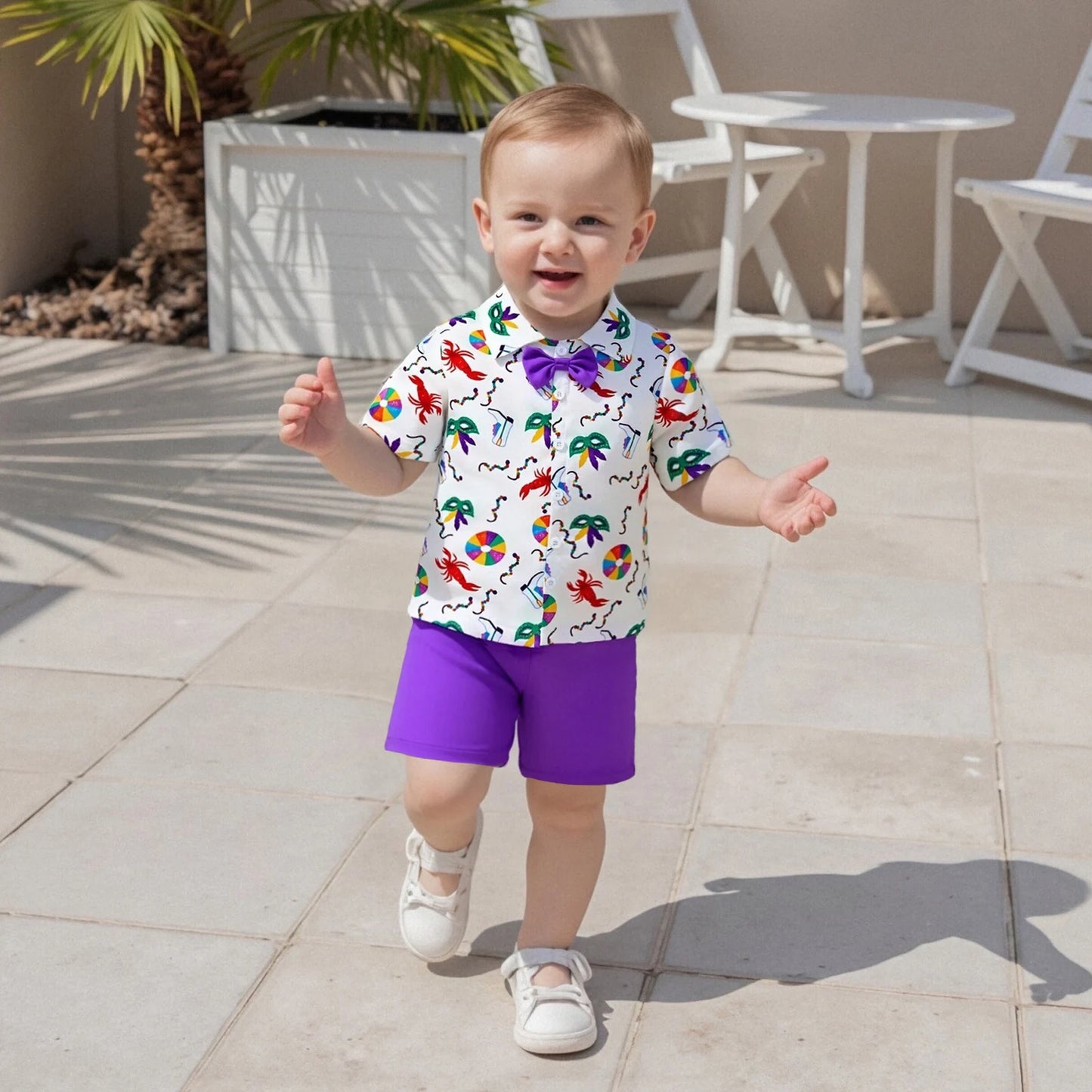 Toddler Boy Mardi Gras Outfit Facewear Print Short Sleeve Bowtie Shirt Solid Elastic Waist Shorts 2 Piece Gentleman Set