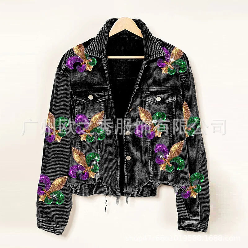 Corduroy Women Mardi Gras Jacket Iris Glitter Cardigan Purple Lapels Single Breasted Spliced Women's Coat Jackets