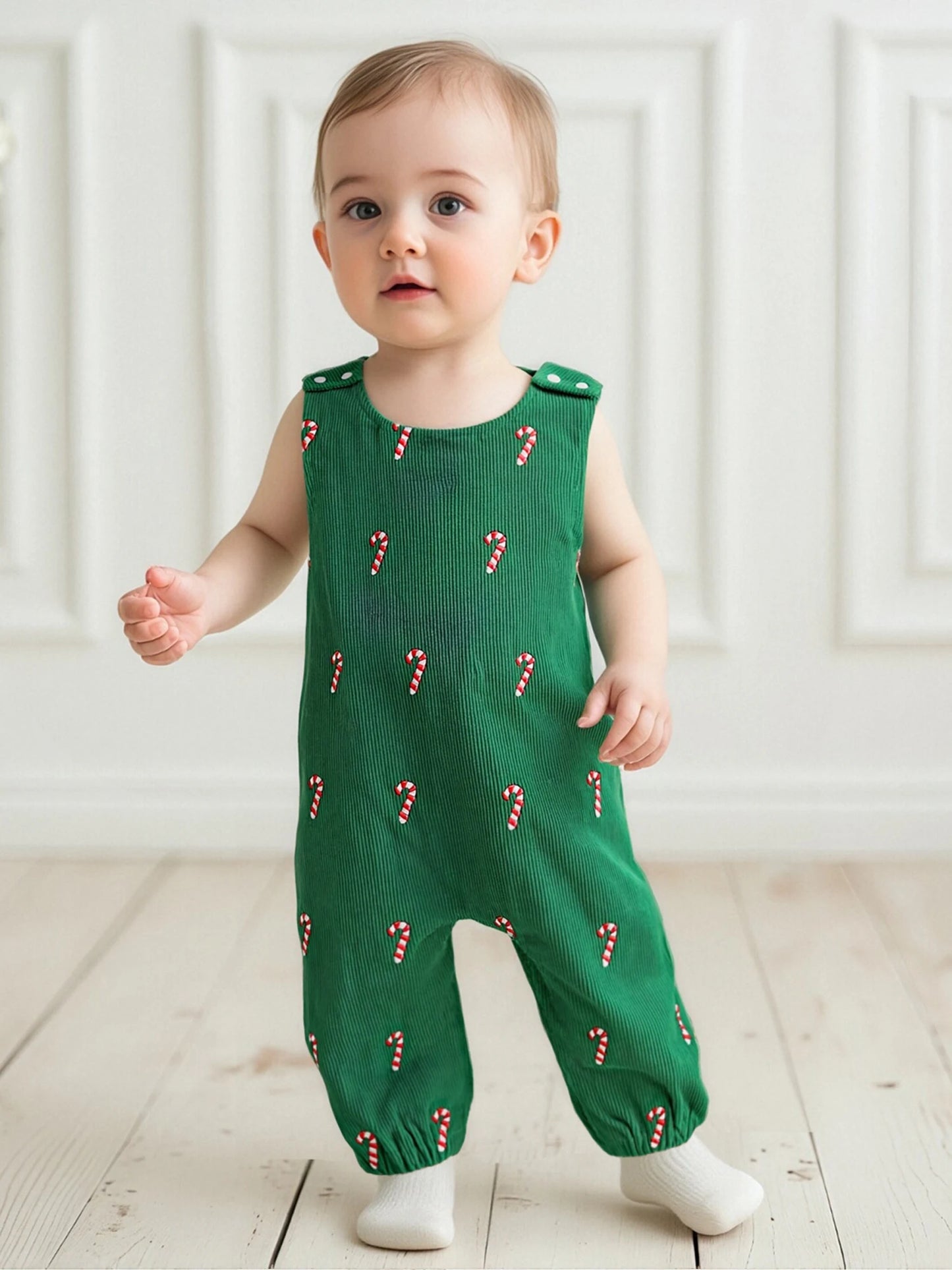 Boys Girls Christmas Romper Sleeveless Round Neck Candy Cane Embroidery Jumpsuit