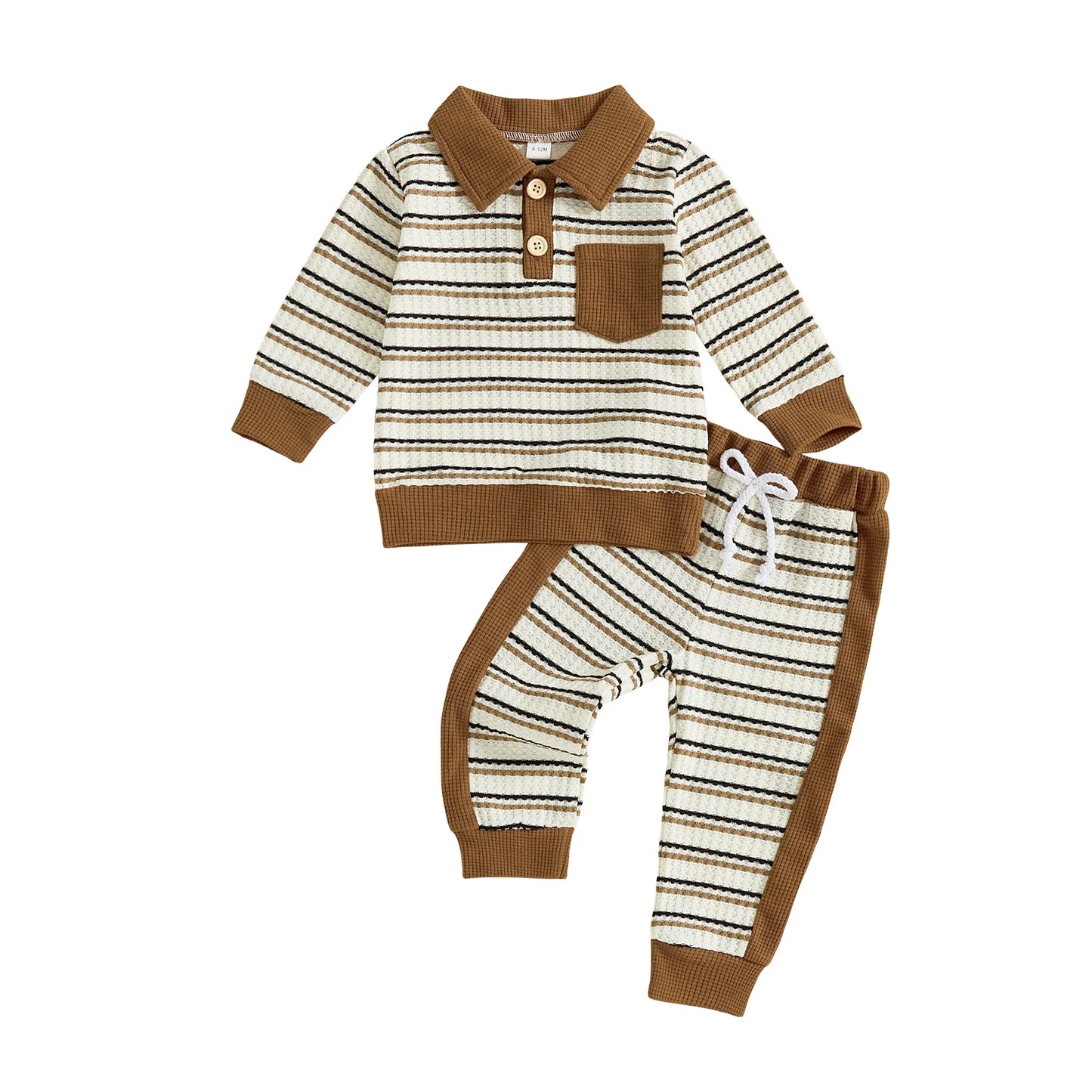 Toddler Boy Fall Outfits Stripe Long Sleeve Lapel Button Pullover + Elastic Waist Pants 2Pcs Set