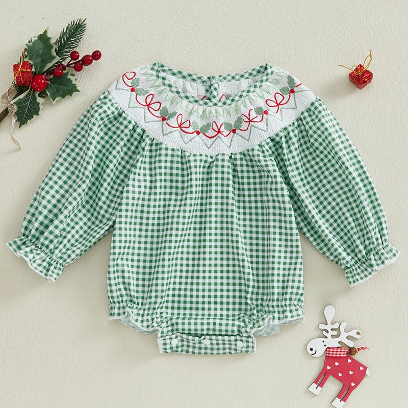 Baby Girls Christmas Romper Long Sleeve Crew Neck Plaid Bodysuit Clothes Casual Daily