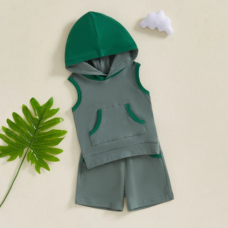 Toddler Baby Boy Shorts Set Contrast Color Sleeveless Hooded Tank Tops Elastic Waist Shorts Summer Outfit