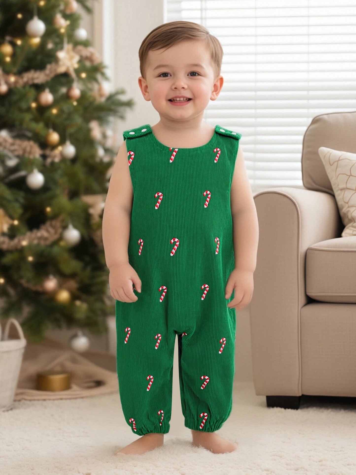 Boys Girls Christmas Romper Sleeveless Round Neck Candy Cane Embroidery Jumpsuit