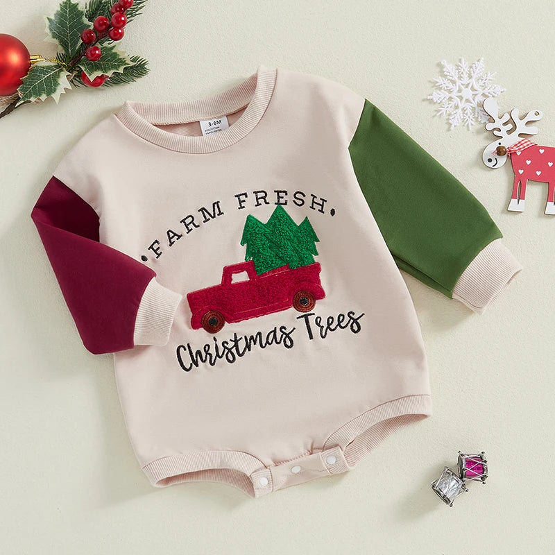 Baby Boys Christmas Jumpsuit Long Sleeve Crewneck Christmas Tree Truck Embroidery Sweatshirt Romper