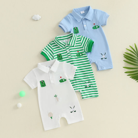 Baby Boys Golf Embroidery Jumpsuit Short Sleeve Turn Down Collar Button Up Casual Romper