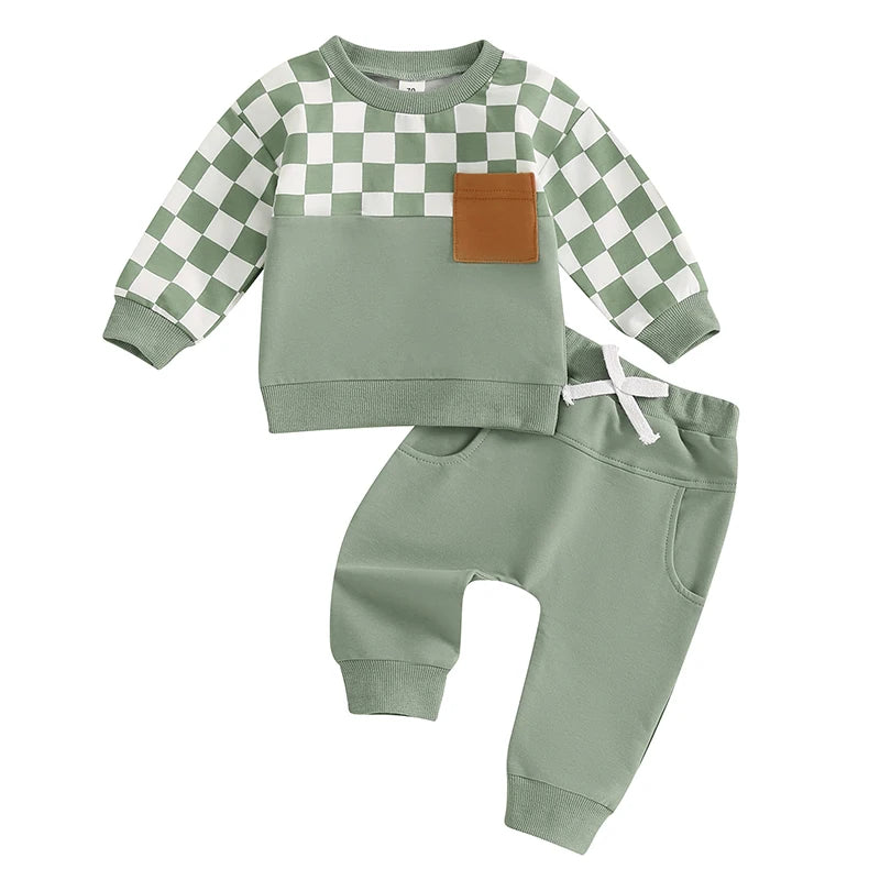 Toddler Boy Fall Clothes Checkerboard Print Long Sleeve Pocket Sweatshirt with Solid Color Pants 2Pcs Outfits
