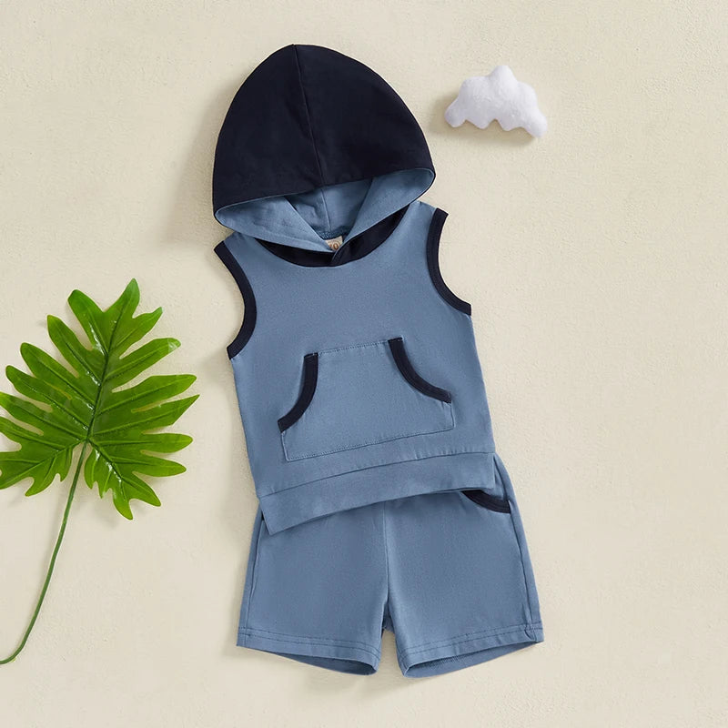 Toddler Baby Boy Shorts Set Contrast Color Sleeveless Hooded Tank Tops Elastic Waist Shorts Summer Outfit