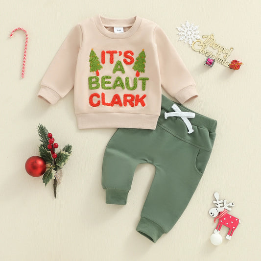 Toddler Baby Boy Christmas 2 Piece Outfits Long Sleeve Crew Neck Letter Embroidery Tops and Elastic Waist Pants Set