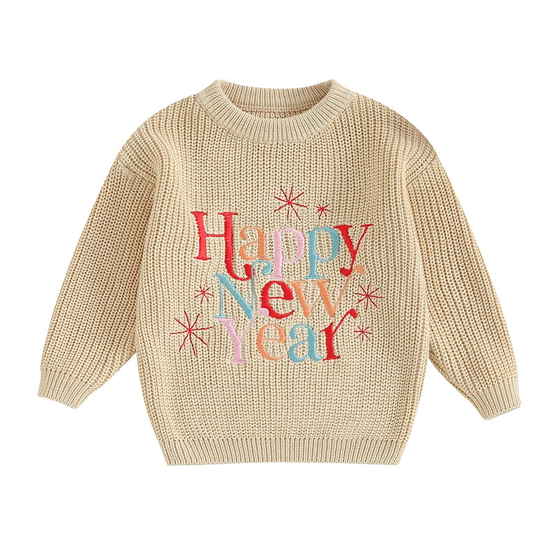 Baby Boy Girl New Year Outfit Long Sleeve Crewneck Letter Embroidery Sweater Tops Infant Winter Clothes