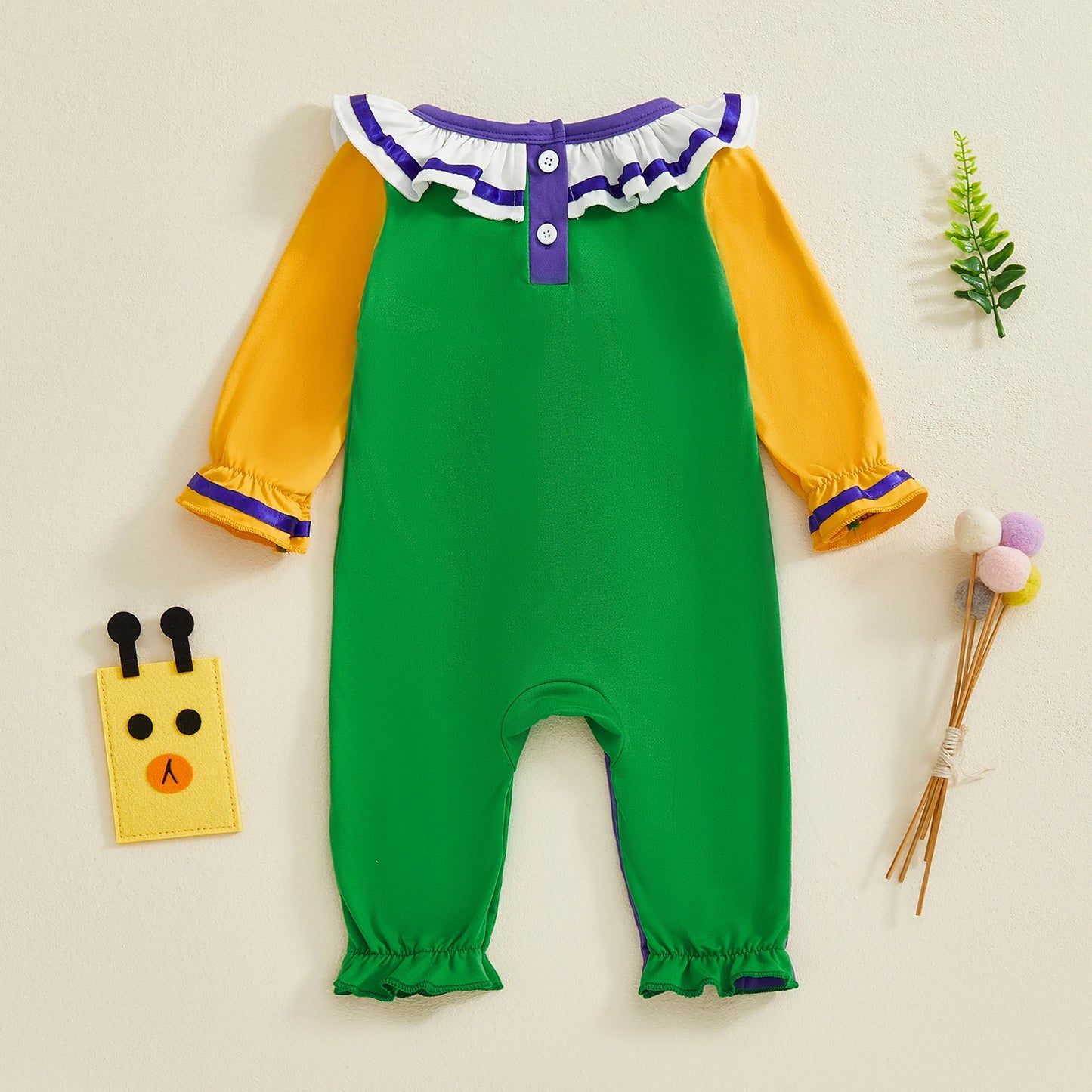 Mardi Gras Themed Romper Contrast Color Ruffled Neckline Long Sleeve Facewear Print Jumpsuit