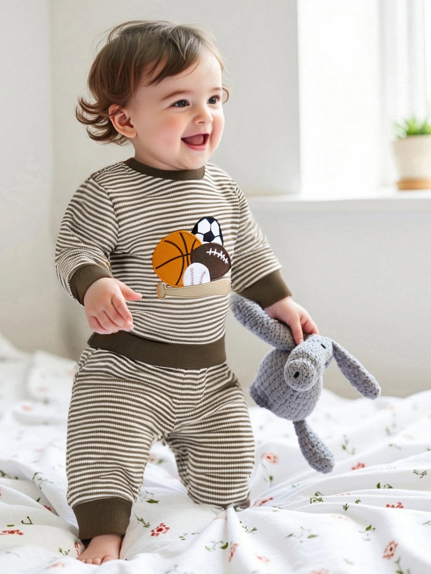 Lioraitiin Toddler Baby Boy Fall Outfit Rugby Embroidery Striped Long Sleeve Sweatshirt and Elastic Pants 2 Piece Clothes