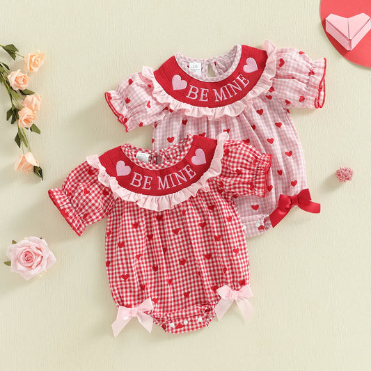 Baby Girl Valentines Day Romper Plaid Heart Letter Ruffle Trim Short Sleeve Jumpsuit Cute Spring Clothes