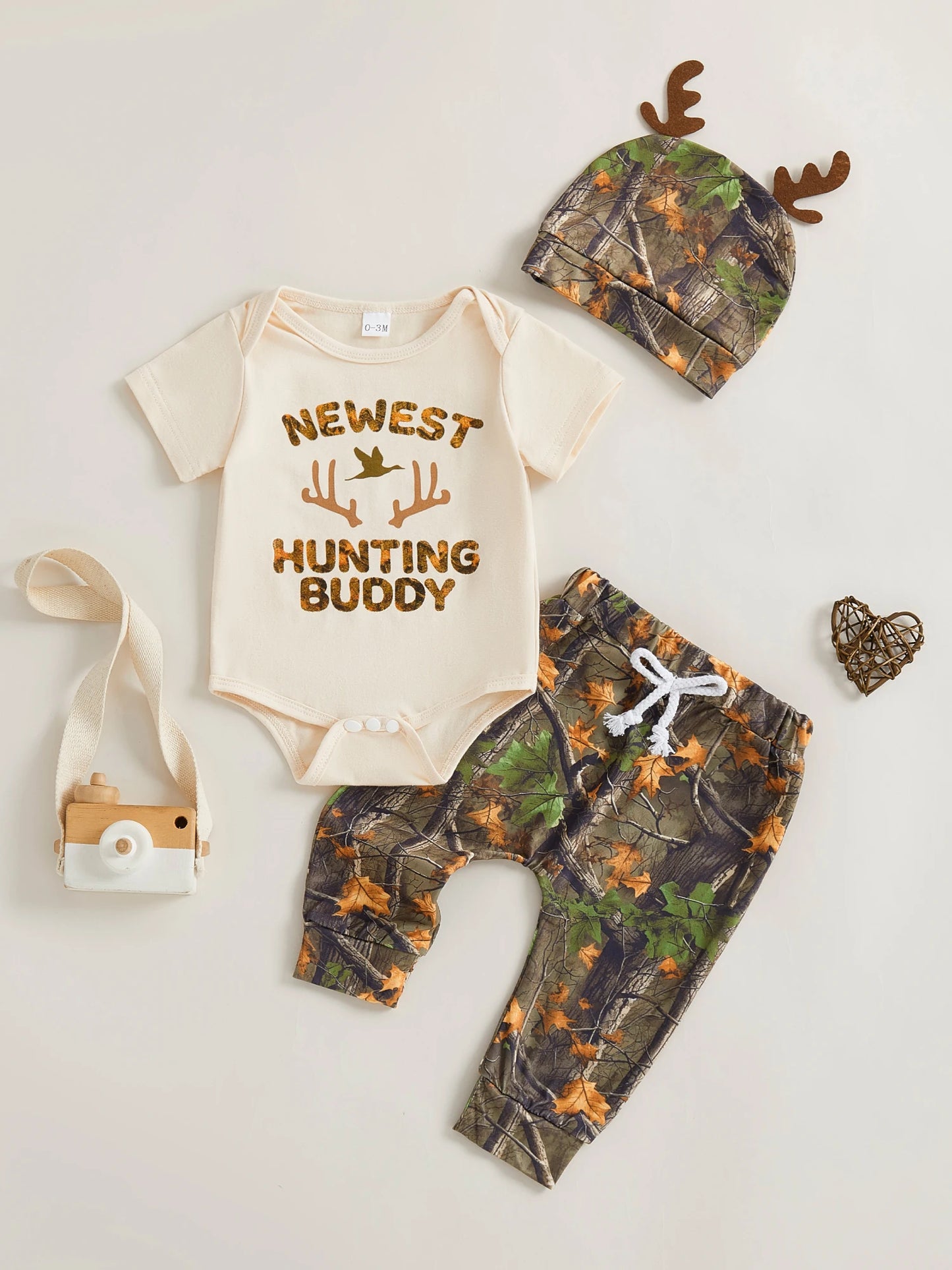 3Pcs BabyOutfits Short Sleeve Romper Camo Pants Hat Set Hunted Clothes