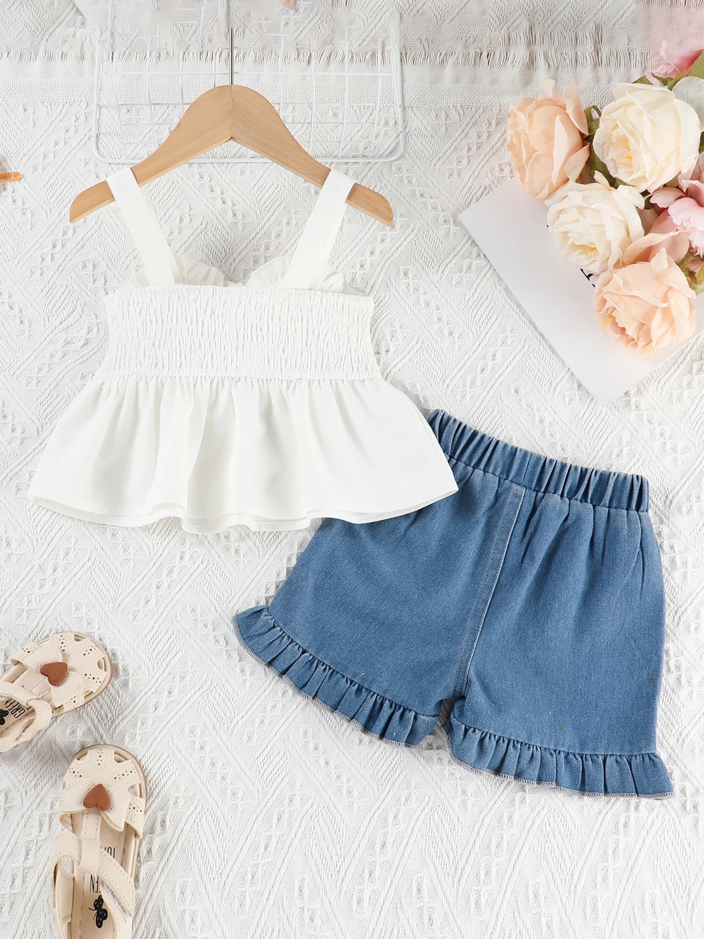 Girls Summer Outfits Bow Sleeveless Camisole and Elastic Cherry Embroidery Denim Shorts Set