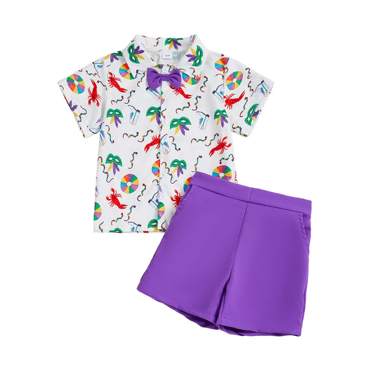 Toddler Boy Mardi Gras Outfit Facewear Print Short Sleeve Bowtie Shirt Solid Elastic Waist Shorts 2 Piece Gentleman Set